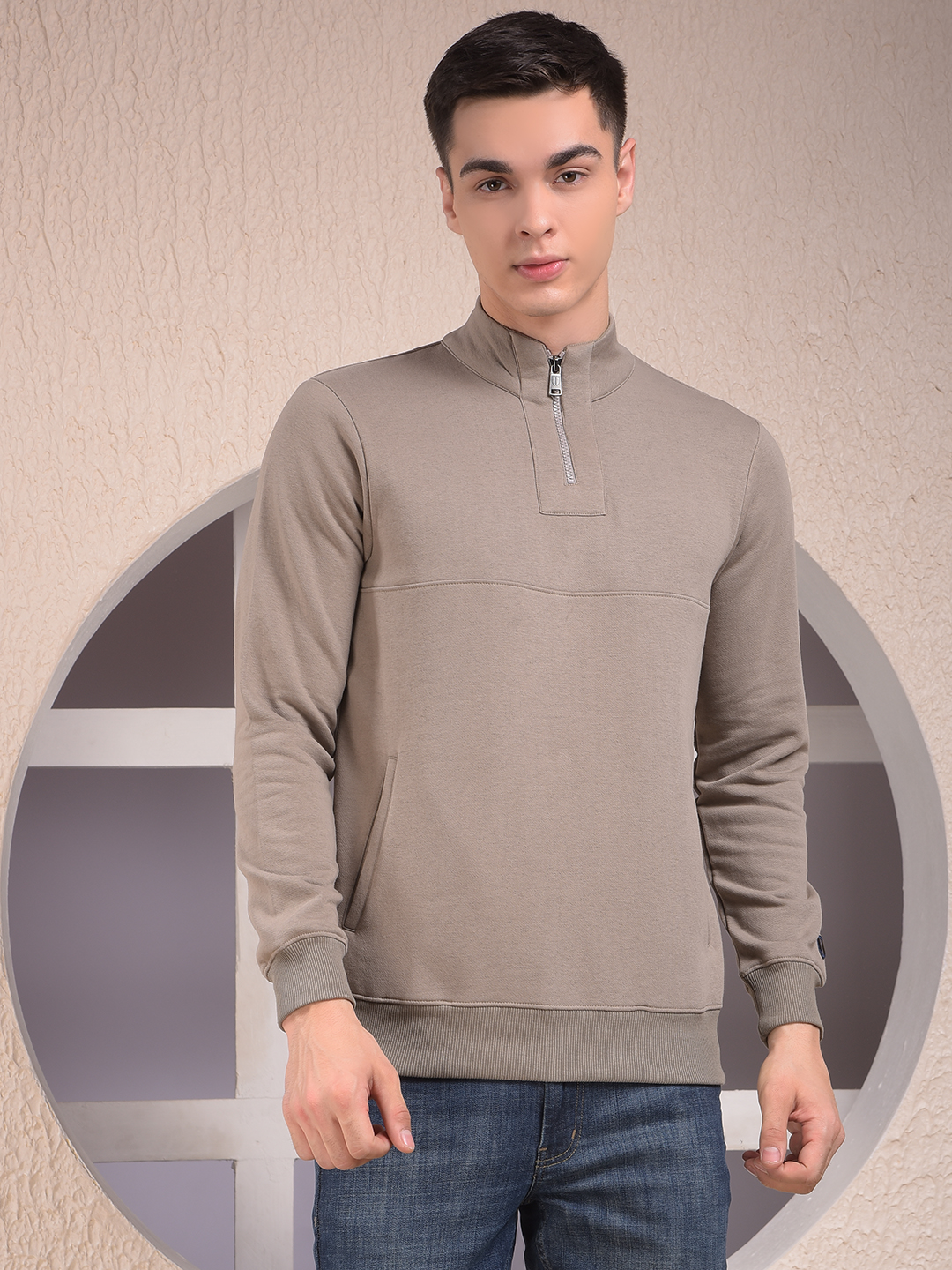 Numero Uno Men Grey Mock Neck Sweatshirt